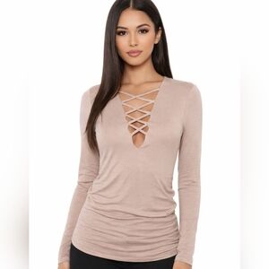 Fashion Nova Taupe Criss-cross Front Top Size Small Like New
